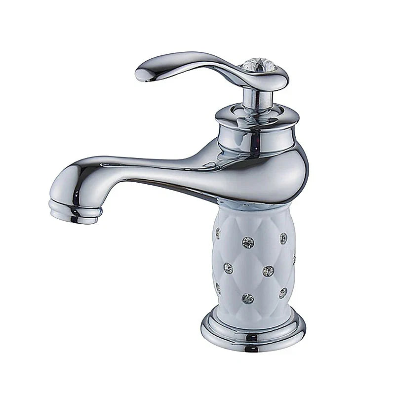 DecorBites antique bronze single handle bathroom faucet with chrome finish white ceramic base and crystal accents real shot details