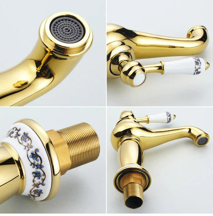 Decorbites™ antique bronze single handle bathroom faucet with gold finish and white ceramic handles with blue floral real shot details