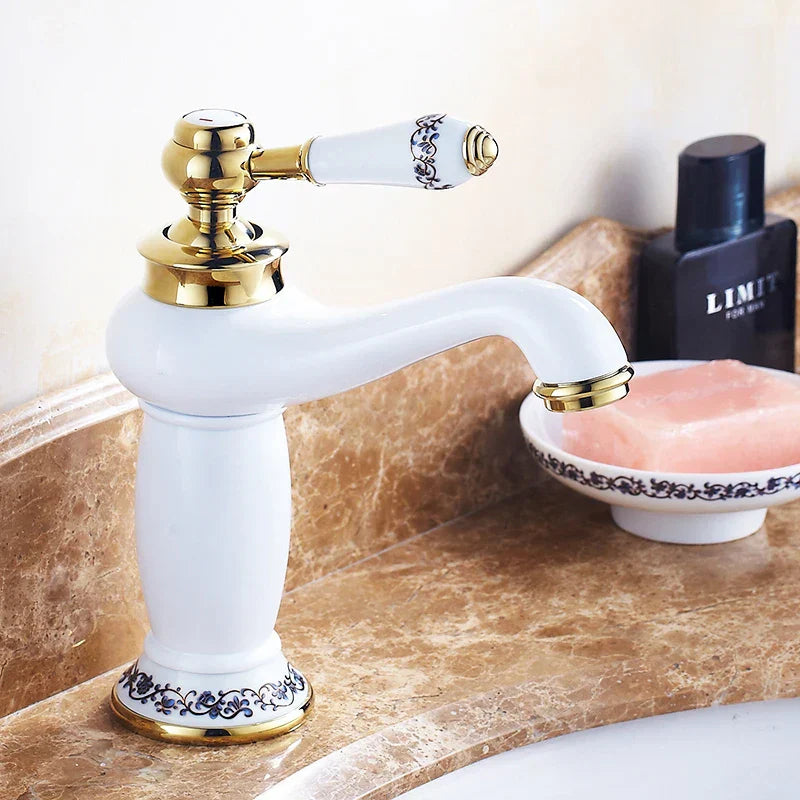 Decorbites™ antique bronze single handle bathroom faucet with white ceramic and blue floral real shot details