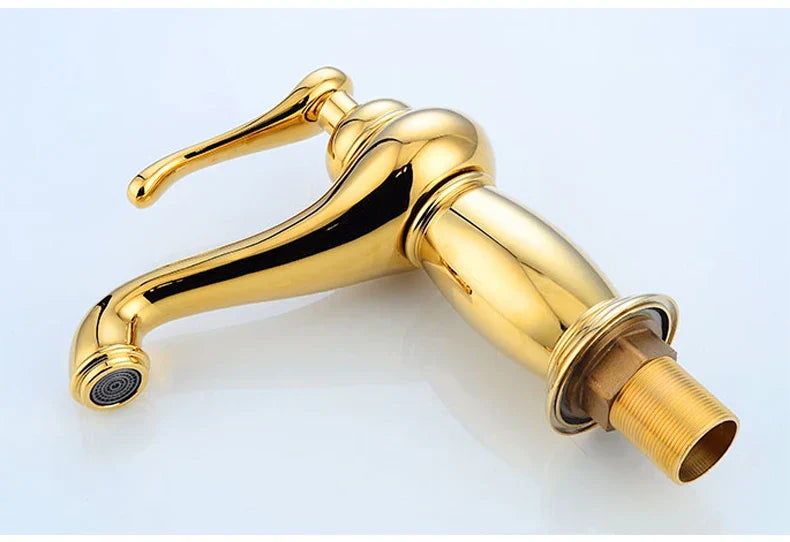 Gold-colored polished brass antique bronze bathroom faucet single handle mixer with classic curved spout real shot details