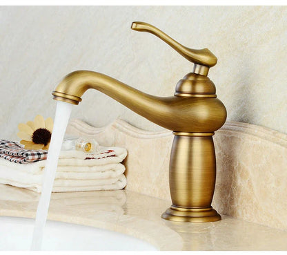 DecorBites antique bronze single handle bathroom faucet with curved spout and vintage design real shot details