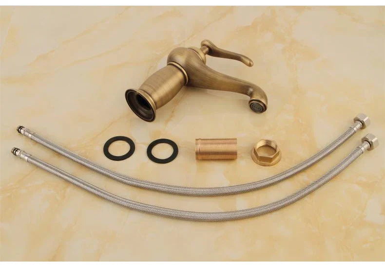 Decorbites™ antique bronze bathroom faucet single handle mixer with decorative spout real shot details and mounting hardware