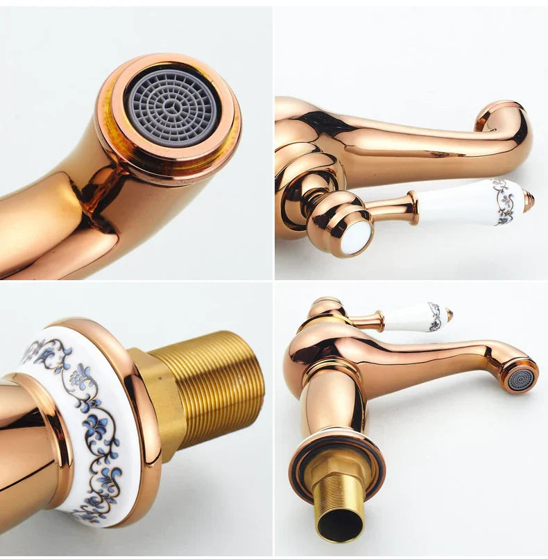 DecorBites antique bronze single handle bathroom faucet with rose gold finish and blue floral ceramic handles real shot details