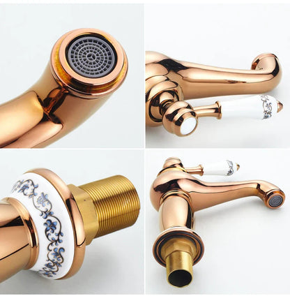 DecorBites antique bronze single handle bathroom faucet with rose gold finish and blue floral ceramic handles real shot details
