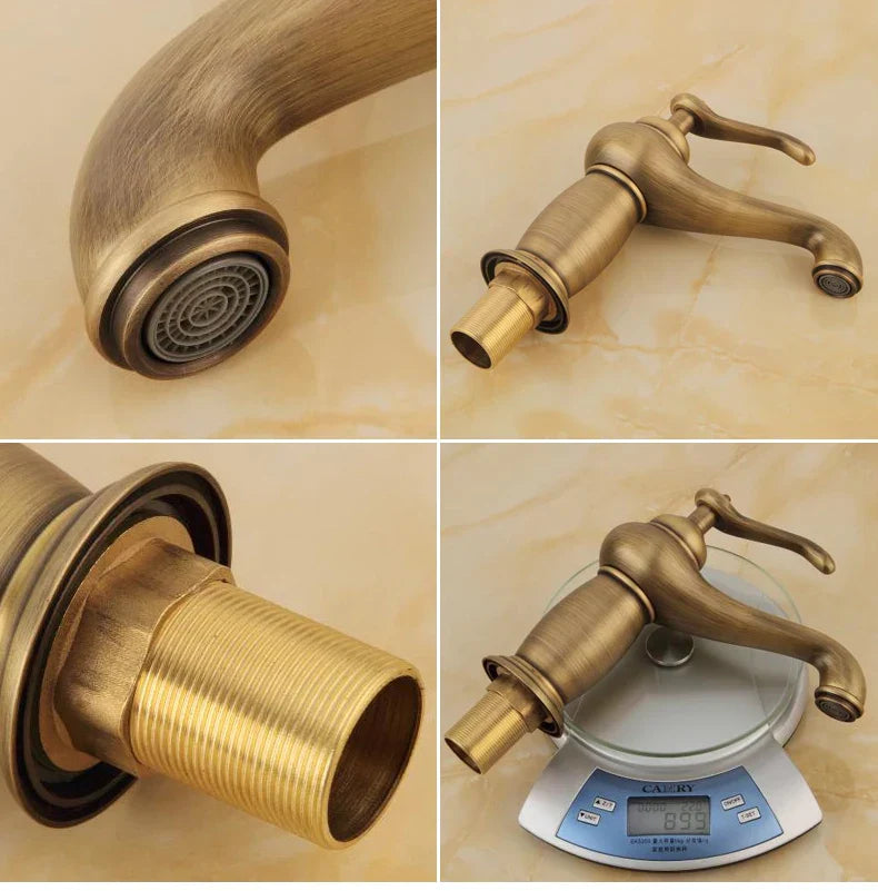 DecorBites™ antique bronze single handle bathroom faucet with brass finish curved spout and ornate handle real shot details