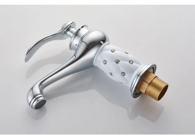 Decorbites™ antique bronze single handle bathroom faucet with chrome finish white ceramic handle and brass base real shot details