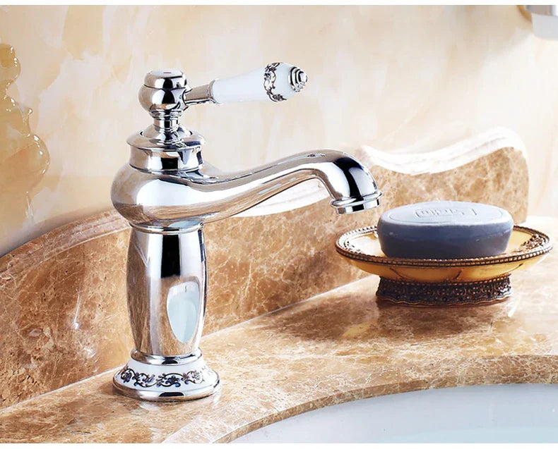 DecorBites™ antique bronze single handle bathroom faucet with chrome finish and white ceramic handle real shot details
