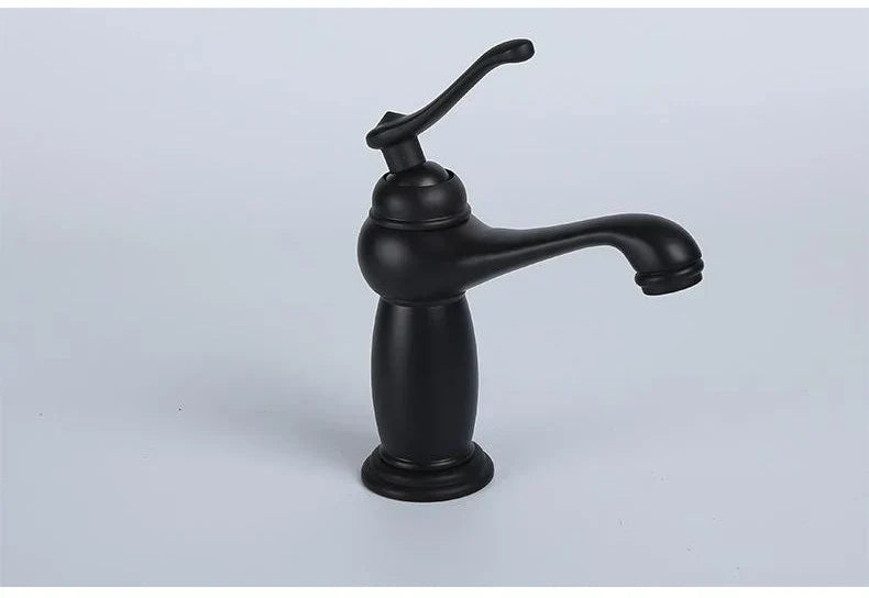 Decorbites™ antique bronze single handle bathroom faucet with curved spout and real shot details in black matte finish