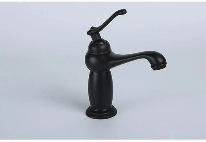 Decorbites™ antique bronze single handle bathroom faucet with curved spout and real shot details in black matte finish