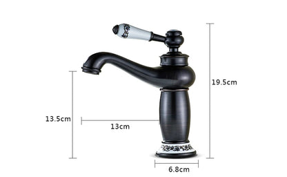 Decorbites™ antique bronze bathroom faucet single handle mixer with black matte finish and white ceramic handle real shot details