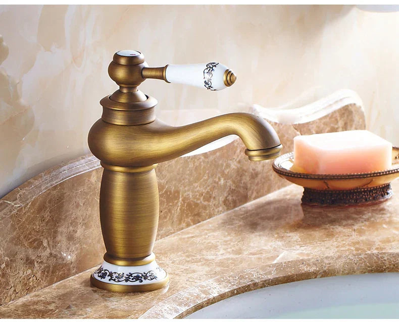 Antique bronze decorbites™ bathroom faucet with single handle ceramic base and black floral patterns real shot details