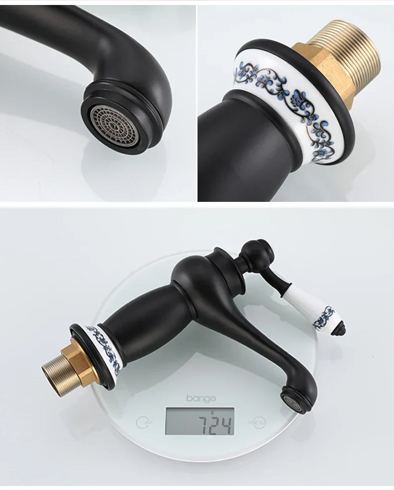 Decorbites antique bronze single handle bathroom faucet with black matte finish and blue floral ceramic accents real shot details