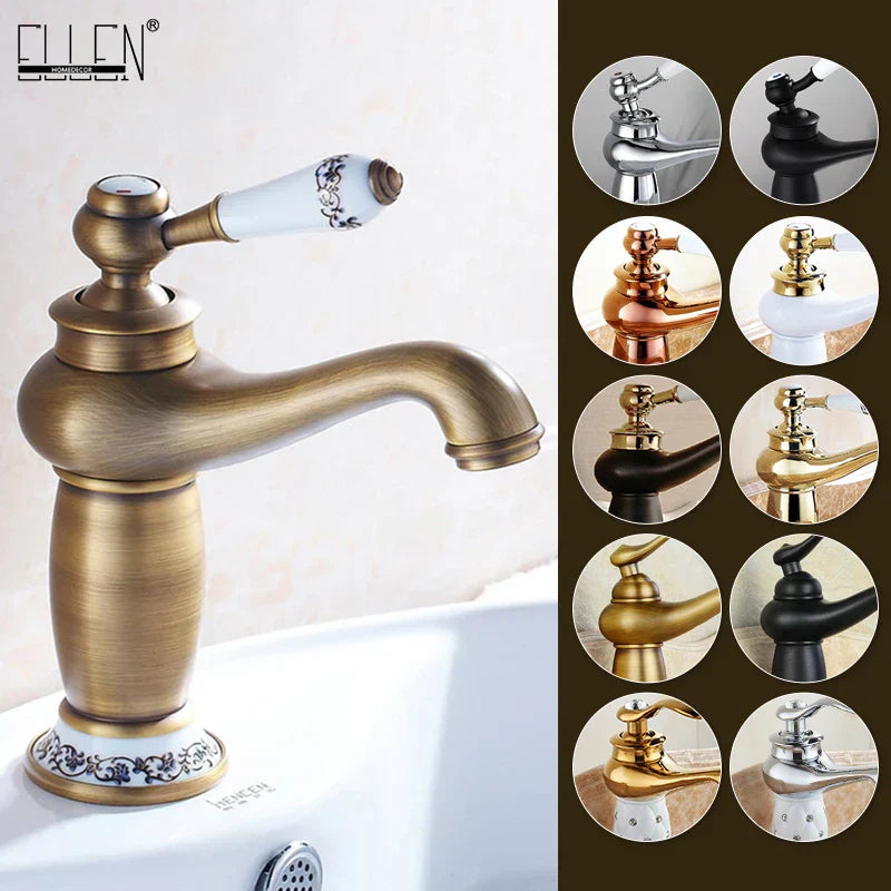 DecorBites™ antique bronze single handle bathroom faucet with white ceramic handle and black floral real shot details