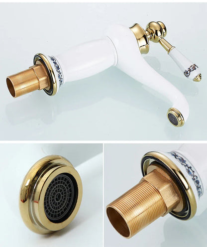 Decorbites™ antique bronze single handle bathroom faucet with white ceramic and gold-toned floral handle real shot details