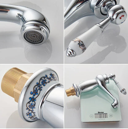 Decorbites antique bronze single handle bathroom faucet with chrome finish and white ceramic handles with blue floral patterns
