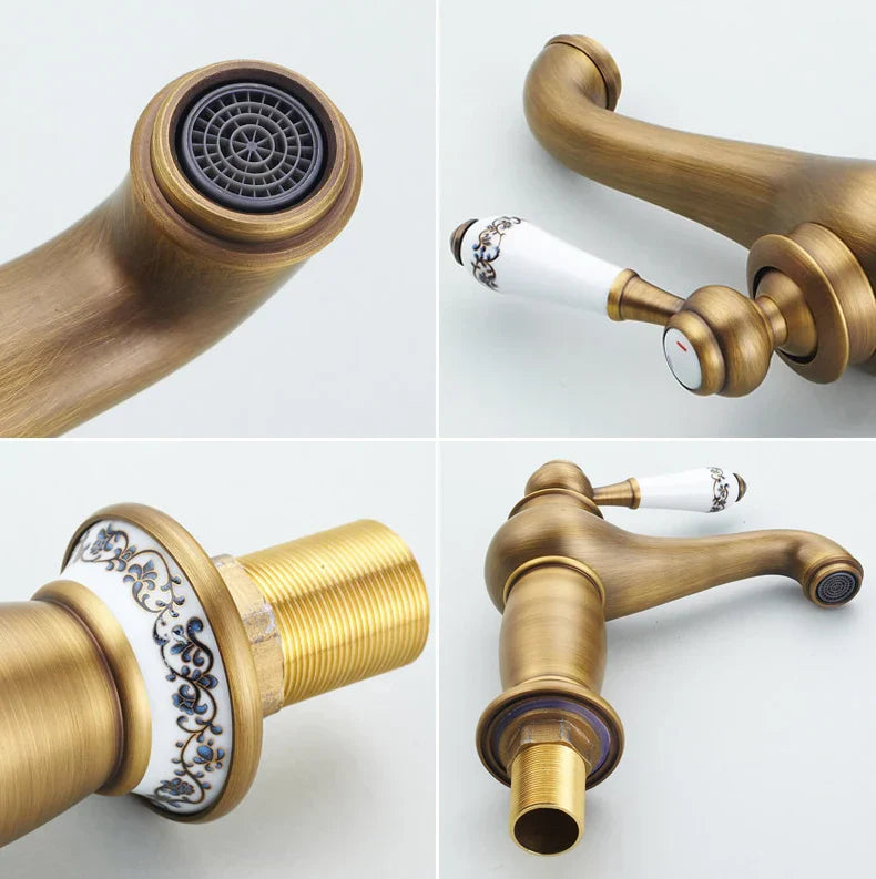 Decorbites™ antique bronze single handle bathroom faucet with brass finish white ceramic handles and blue floral details real shot details
