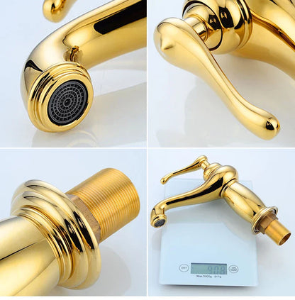 DecorBites™ antique bronze single handle bathroom faucet with golden brass finish and ornate pull-out spray head real shot details