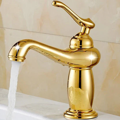 Decorbites™ antique bronze single handle bathroom faucet with curved spout and real shot details in brass finish