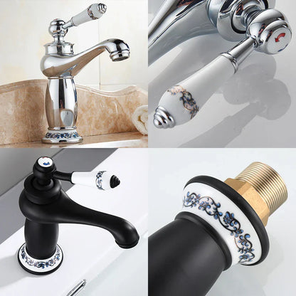 Decorbites antique bronze single handle bathroom faucet with chrome white ceramic and blue floral real shot details