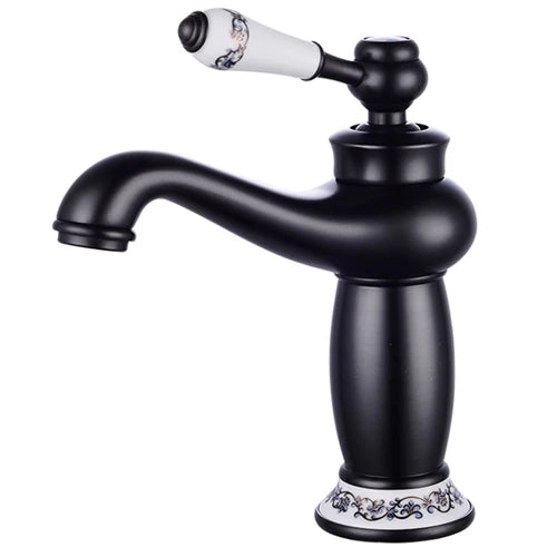 Decorbites antique bronze single handle bathroom faucet with black matte finish and white ceramic handle real shot details