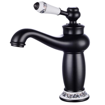 Decorbites antique bronze single handle bathroom faucet with black matte finish and white ceramic handle real shot details