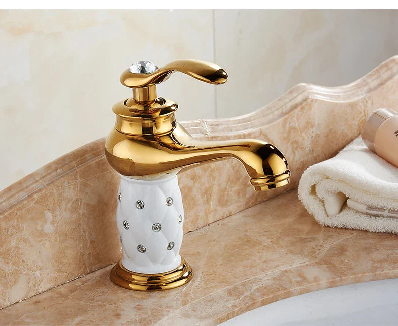 Decorbites™ antique bronze single handle bathroom faucet with gold finish white ceramic base and crystal accents real shot details