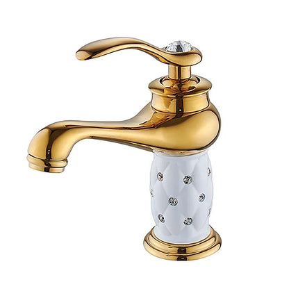 Decorbites antique bronze single handle bathroom faucet with gold finish white ceramic base and crystal accents real shot details