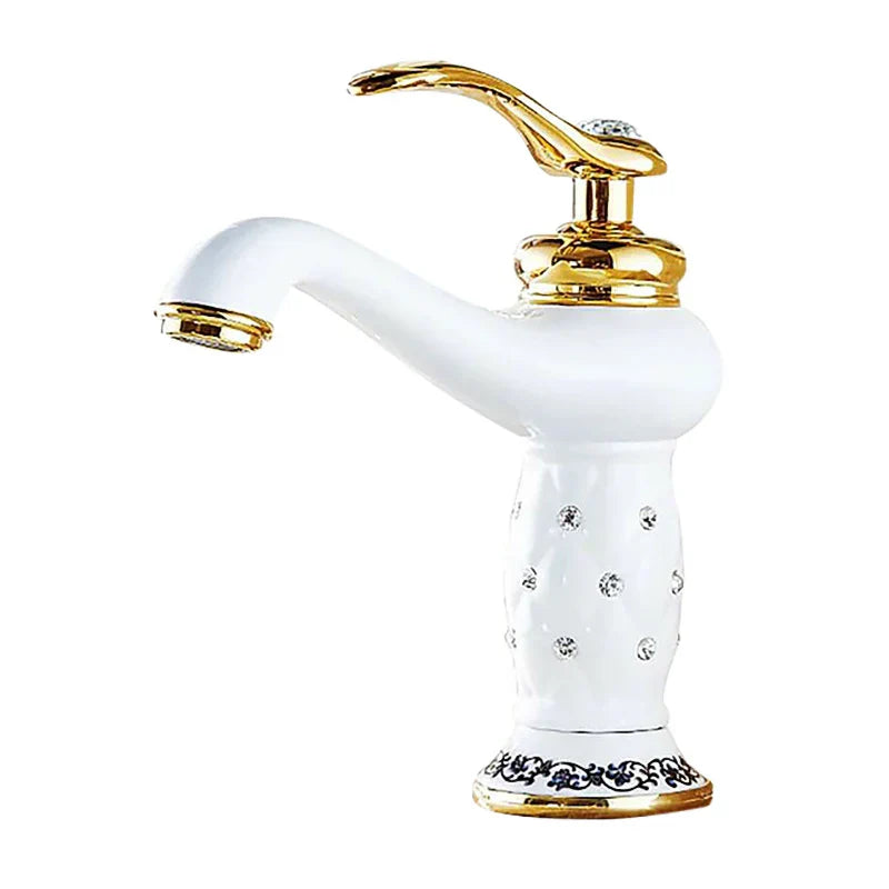 Decorbites™ antique bronze single handle bathroom faucet with white ceramic, gold accents, and ornate black floral base real shot details