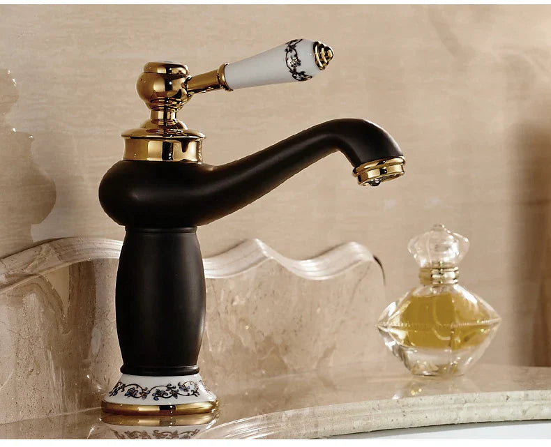 Decorbites™ antique bronze single handle bathroom faucet with black matte finish gold accents and ornate ceramic handle real shot details