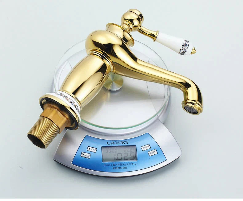 Decorbites antique bronze single handle bathroom faucet with gold brass finish and white ceramic handle real shot details