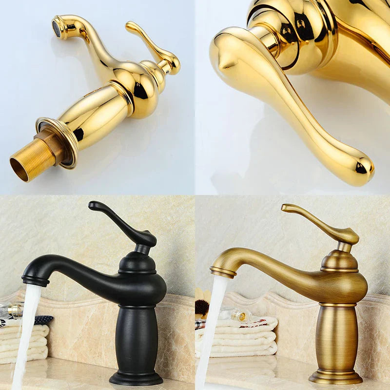 DecorBites™ antique bronze single handle bathroom faucet with gold and black vintage curved spouts real shot details