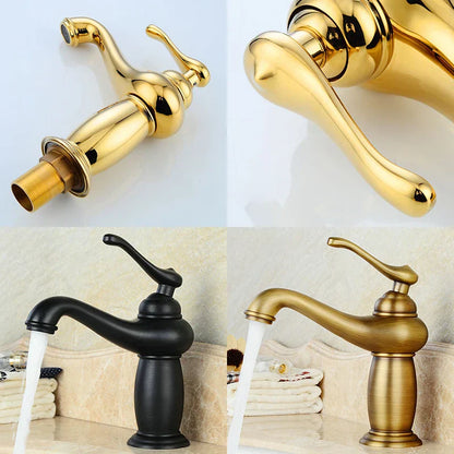 DecorBites™ antique bronze single handle bathroom faucet with gold and black vintage curved spouts real shot details