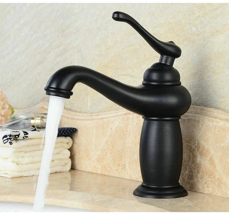 Black matte antique bronze bathroom faucet single handle mixer with curved spout and elegant elongated handle real shot details