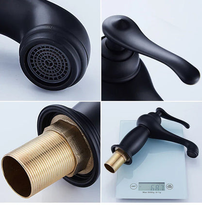 Decorbites™ antique bronze bathroom faucet single handle mixer with black matte finish and brass-colored base real shot details