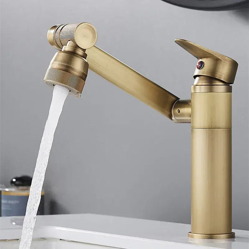 DecorBites™ antique bronze bathroom sink faucet with brass finish, sleek articulated spout, and textured control knob