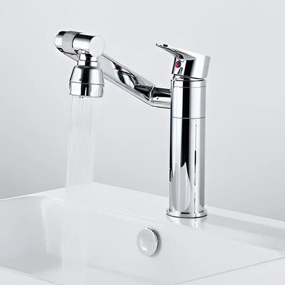 Chrome-finished modern kitchen faucet with curved spout and pull-down spray head paired with DecorBites™ antique bronze bathroom sink faucet deck mounted mixer