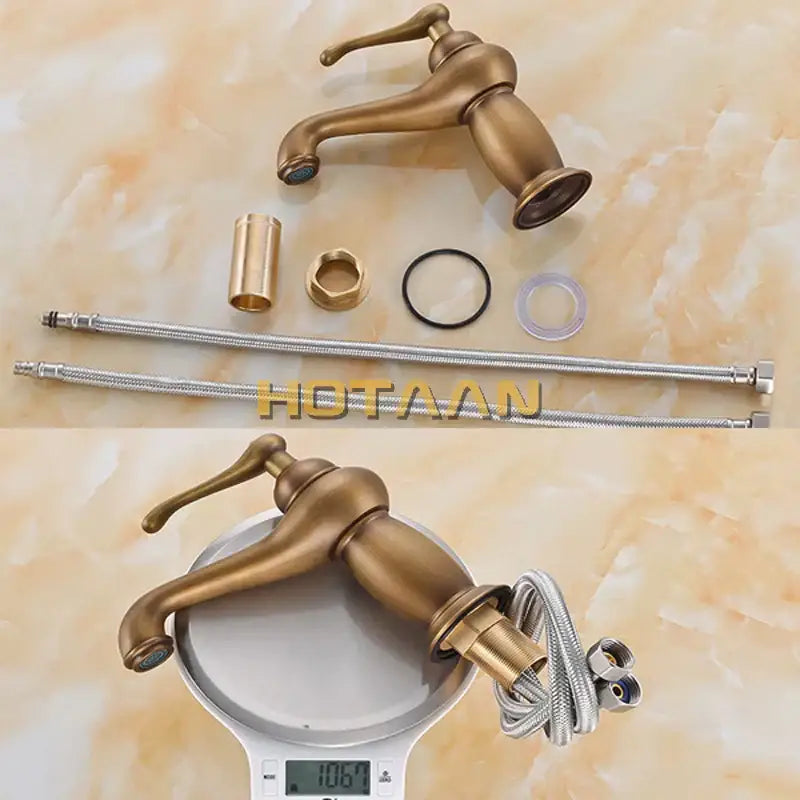 Decorbites antique bronze brass basin faucet with single handle curved spout displayed on scale with components