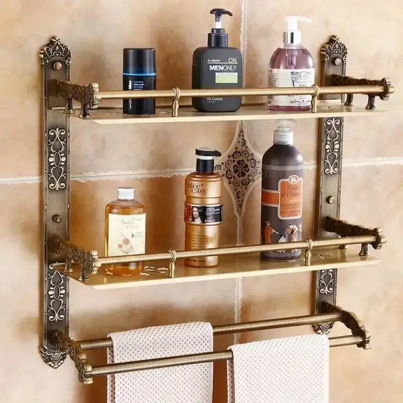 Antique bronze carved two-tier wall-mounted shelf with ornate scrollwork and towel rack in bronze carved aluminum bathroom set