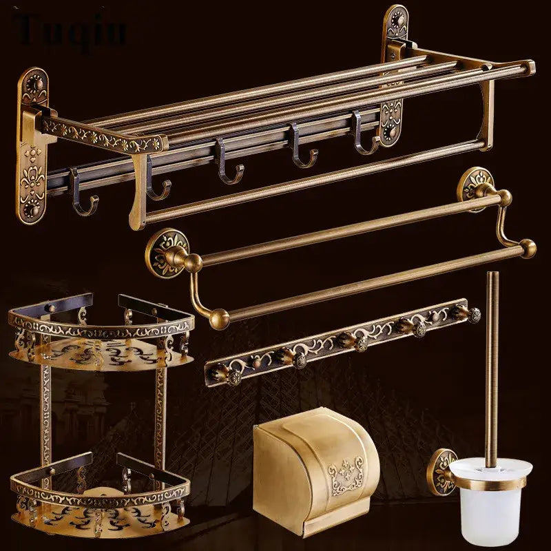 Decorbites antique bronze carved bathroom accessories set featuring brass-finished floral towel racks shelves and holders