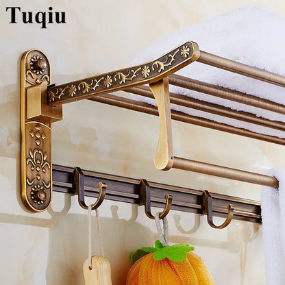 Decorbites antique bronze carved wall-mounted towel rack with ornate floral engraving in bathroom accessories set