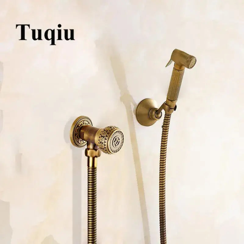DecorBites antique bronze douche bidet set with antique brass-finished tuqiu faucet and ornate handheld shower