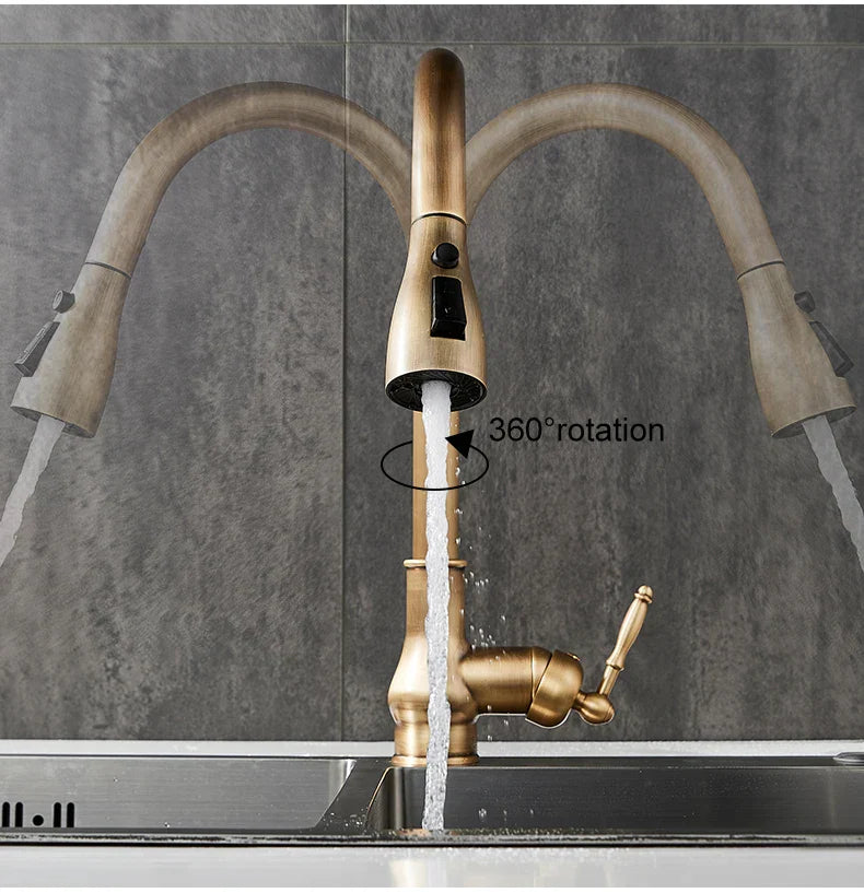 DecorBites antique bronze kitchen faucet with brass finish 360-degree rotating spout and pull-down spray head