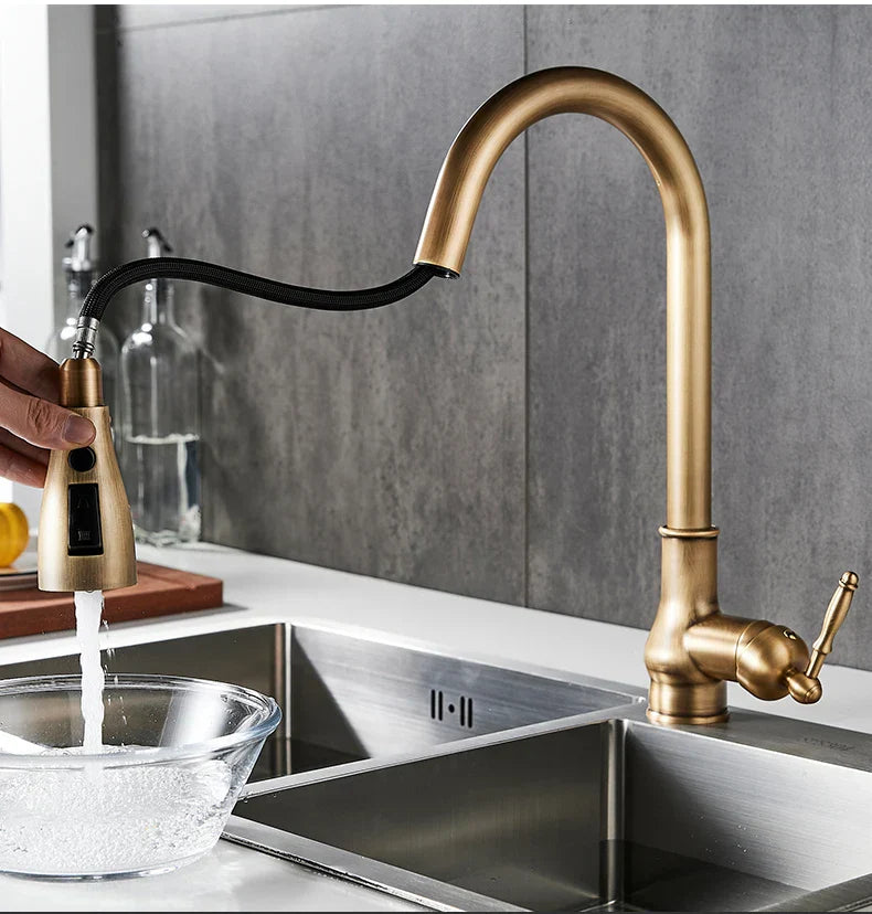 DecorBites antique bronze kitchen faucet with brass finish, pull-down spout, and black flexible hose for versatile use