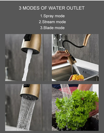 Antique bronze kitchen faucet by DecorBites with brass finish and three spray modes for versatile kitchen use