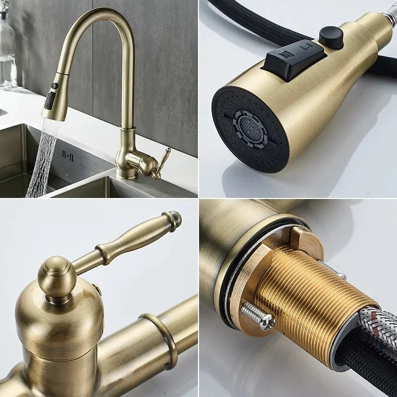 Decorbites antique bronze kitchen faucet with brass finish pull down sleek curved spout and black rubberized spray head