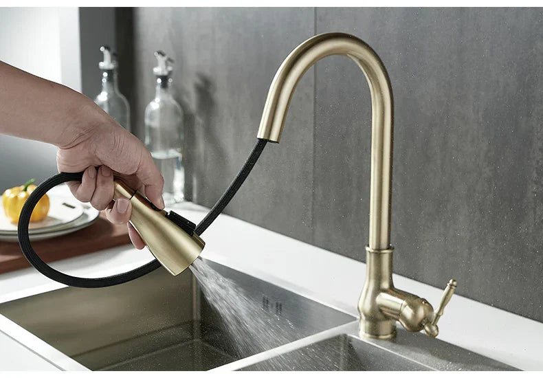 DecorBites™ antique bronze kitchen faucet with brass finish, pull-down spout, and black flexible hose for modern kitchens