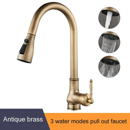 DecorBites antique bronze pull out kitchen faucet with curved spout and three water modes bronze kitchen faucet