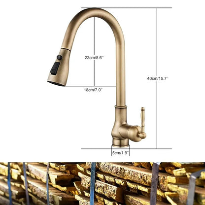 DecorBites antique bronze kitchen faucet with curved spout and pull-down spray head in bronze finish