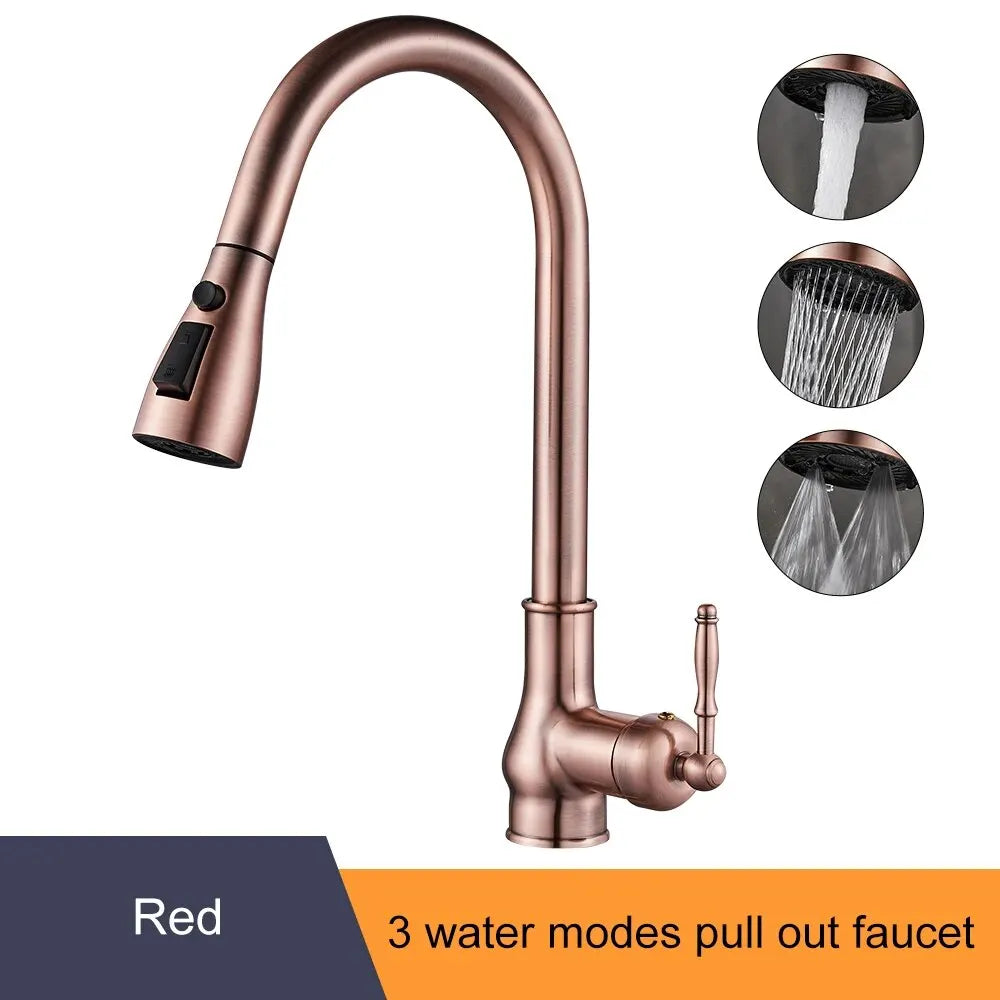 Decorbites antique bronze pull out kitchen faucet in rose gold finish with three spray settings and bronze kitchen faucet design