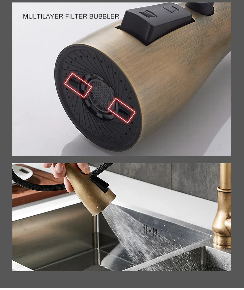 DecorBites antique bronze pull out kitchen faucet with bronze finish and black multilayer filter bubbler head
